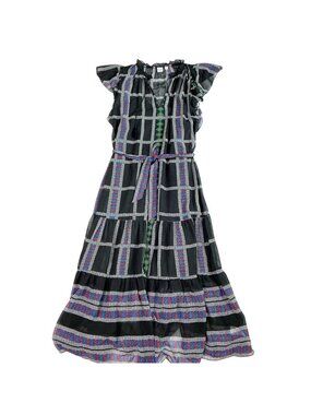 Gap Womens Black Boho Geometric Print Midi Dress Flutter Sleeve Tie Waist XS